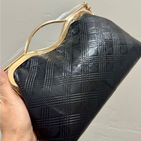 Black Quilted Genuine Lambskin  Double Kisslock Top Handle Bag & 2 Chain Styles - Picture 10 of 12